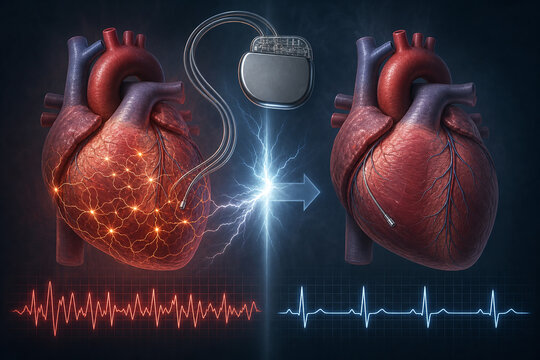 Implanted defibrillator restoring steady heart rhythm