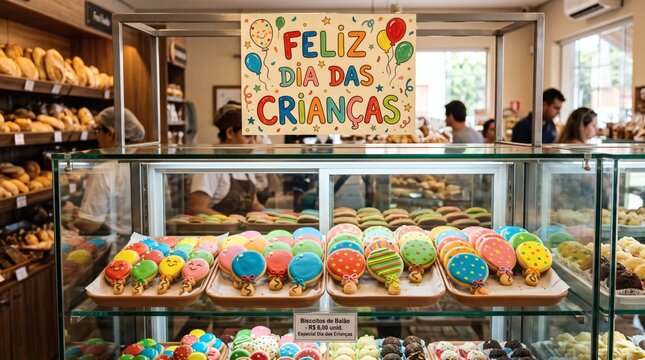 Bakery display case filled with colorful cookies and pastries for Children's Day celebration