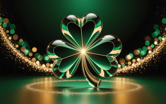 Three leaf clover shamrock symbol with golden sparkles and bokeh effects shamrock celebration