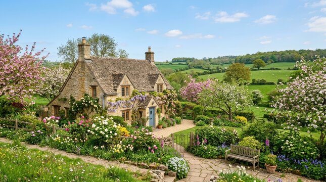 A charming stone cottage sits nestled in a picturesque countryside landscape. The cottage features a steeply pitched roof, stone walls, and a welcoming front door.