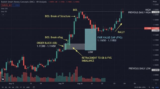 Smart Money Concepts trading chart with BOS and FVG indicators. Forex technical analysis showing order blocks and market structure. Bullish price action strategy.