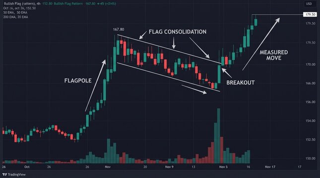 Bullish flag pattern stock chart, technical analysis candlestick graph with breakout and consolidation, financial trading data visualization