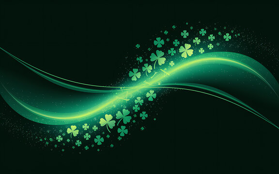 Abstract green clover leaves with glowing particles and dynamic light wave on black background