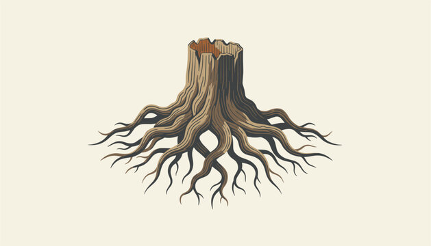 Detailed illustration of an old weathered tree stump showing its extensive root system spread out on a plain background.