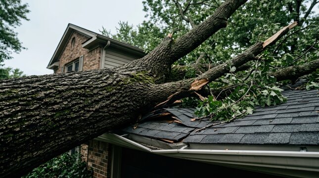 Damaged roof shingles from a large fallen tree requiring risk assessment.
