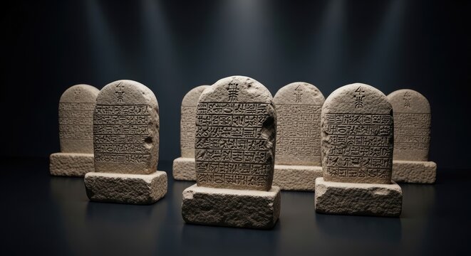 Five weathered stone tablets stand prominently against a dark, gradient background. Each tablet is inscribed with intricate, vertical characters, likely an ancient script.