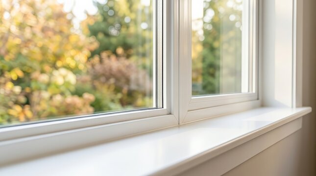 Interior view of a home improvement window with double panes and a wide sill.