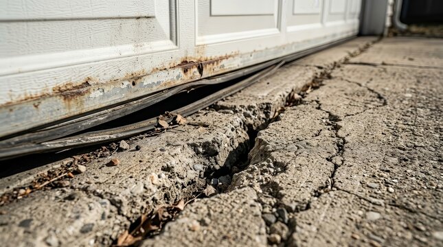 Structural failure of a garage door with a large crack in the concrete at the bottom.