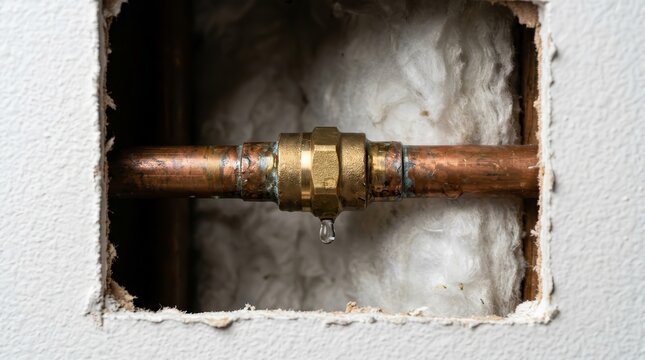Water damage investigation of a copper pipe and clamp inside a wall cavity.