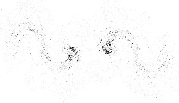 Two abstract swirling waves made of dense black stipple dots on a plain white background, representing flow or smoke.