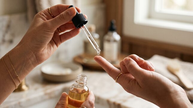 Close up of hands applying facial serum from dropper bottle to finger for skincare routine