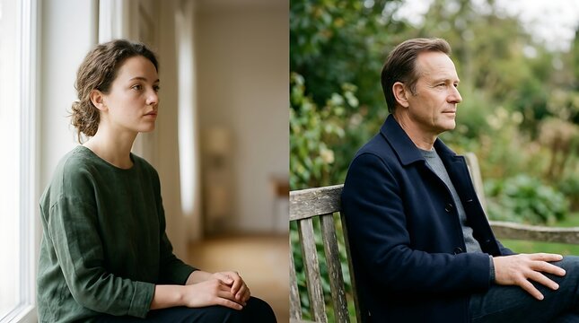 Young woman and mature man reflecting in thoughtful contemplation