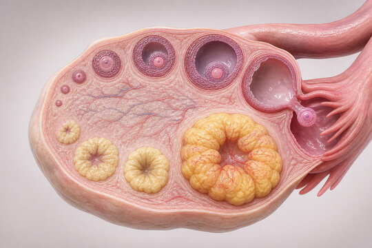 Corpus luteum formation in ovary cutaway illustration