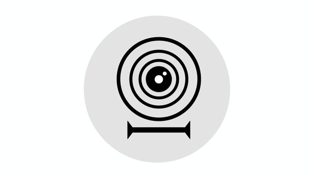 Round camera lens diaphragm or target icon on gray circle background represents focus, surveillance, and photography.