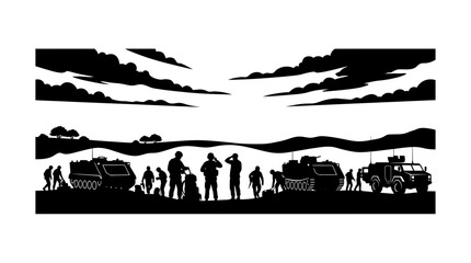 Fototapeta premium Military Soldiers and Armored Vehicles Silhouette Illustration