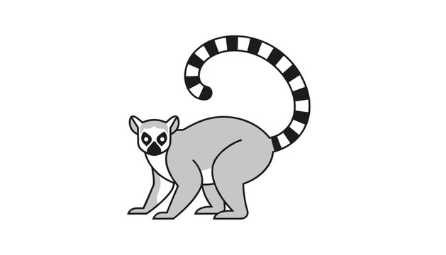 Cute ring tailed lemur illustration with a long striped tail standing isolated on clean white background.