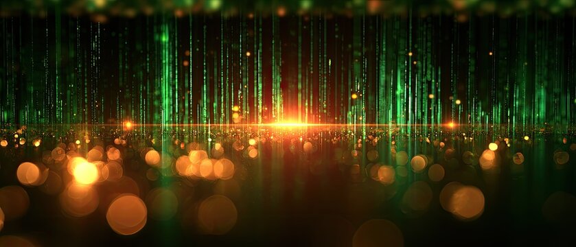 Abstract digital rain with glowing golden bokeh and vertical green lights