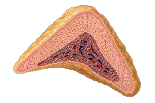 Adrenal gland cross section showing cortex and medulla