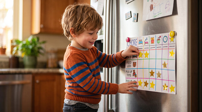 Happy young boy putting a gold star sticker on his chore chart on the fridge