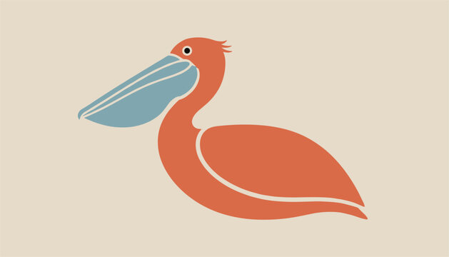 Stylized pelican bird illustration in minimalist flat vector design with coral body and blue beak over warm beige background.