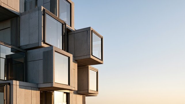 Modern modular building with projecting cuboid units and large windows