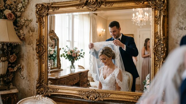Groom places veil on smiling bride in ornate mirror reflection wedding day preparation