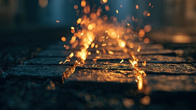 Fiery sparks erupt from a cracked stone pathway at dusk