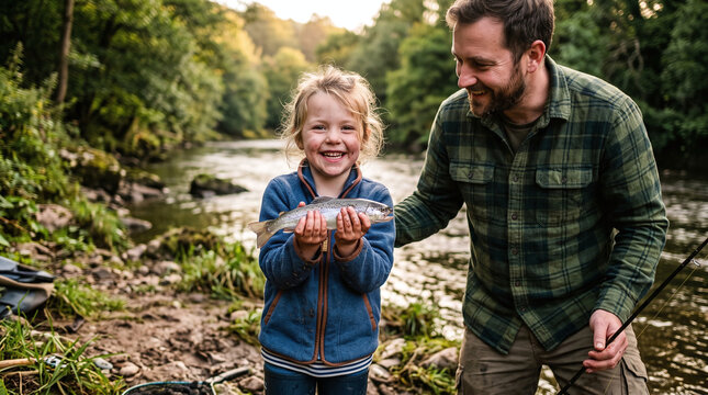 Proud little girl holding her first caught trout with her father by a river.