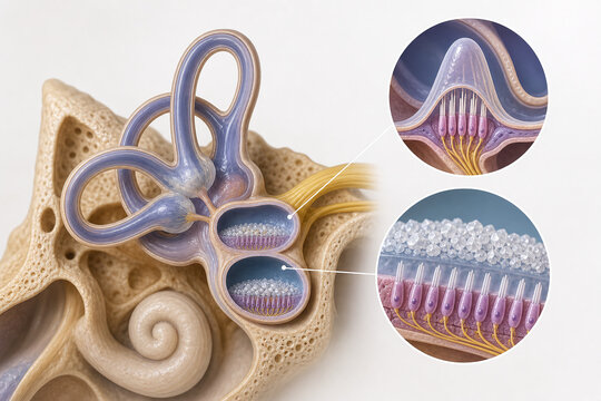 Inner ear vestibular system anatomy scientific illustration