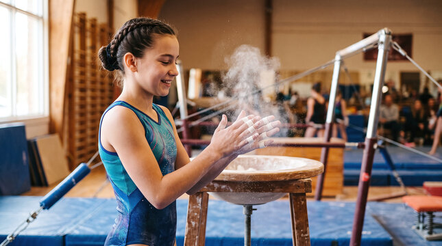 Smiling young gymnast clapping chalked hands over a bowl in a gymnasium.