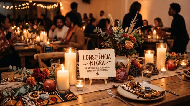 Consciencia Negra Celebration Dinner with Candles and Flowers on a Table