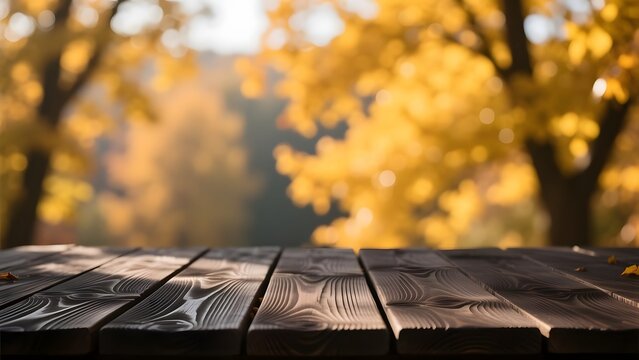 Rustic wooden table surface, blurred autumn forest background with golden leaves, empty wood tabletop for product display