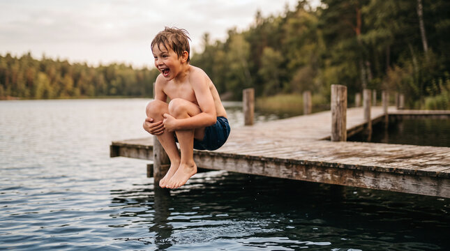 Joyful young boy doing a cannonball jump off a wooden dock into a scenic lake.