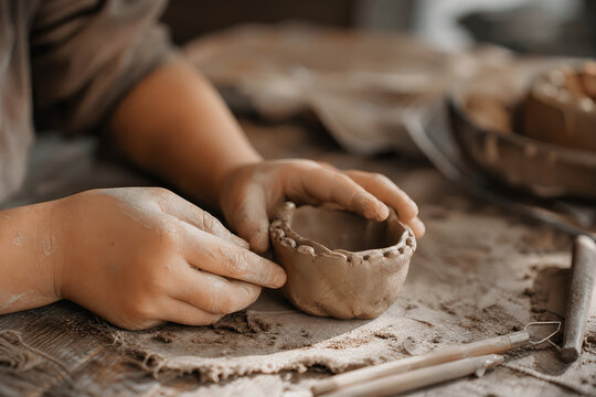 Close-up of hands shaping raw clay to make pottery pot, child learning handmade ceramic art and craft project at home workshop