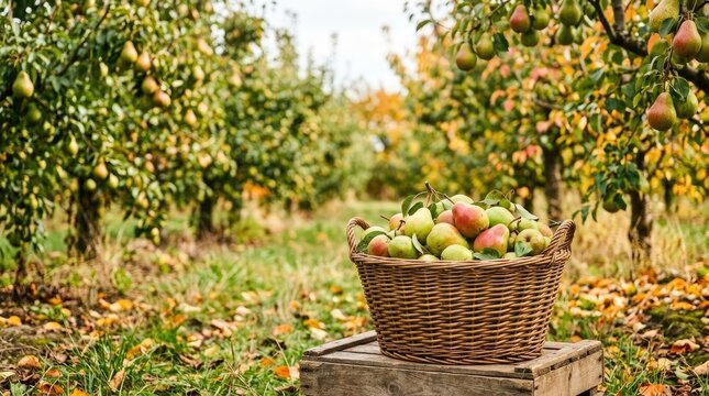 A wicker basket overflows with ripe pears in an orchard. The basket rests on a weathered wooden crate.