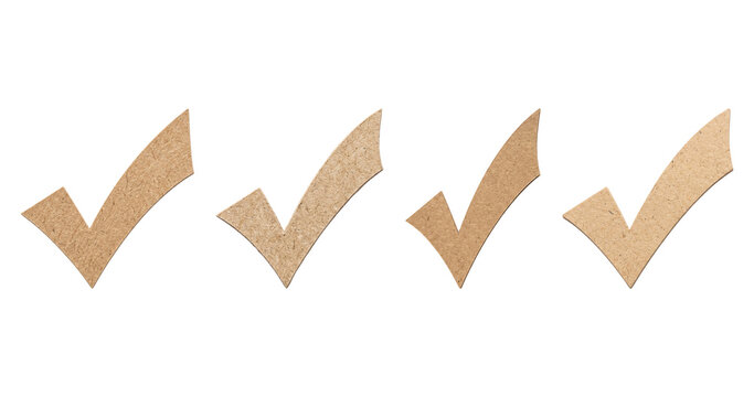 Recycled kraft paper check mark symbols with visible natural fibers, isolated on transparent background