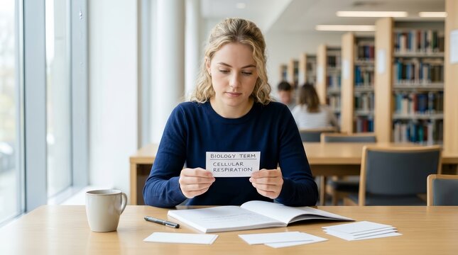 Higher education and learning concept featuring a student using flashcards in a library.