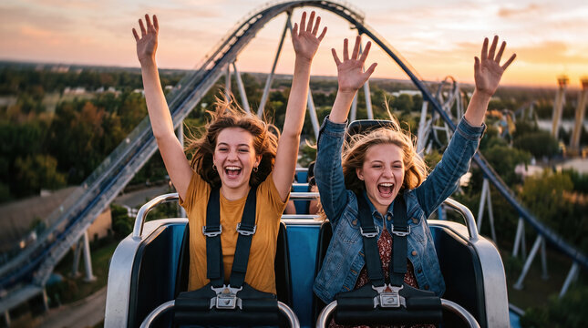 Two happy teenage girls riding a roller coaster with raised hands at sunset