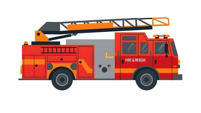 Red fire truck with extendable ladder isolated on white background