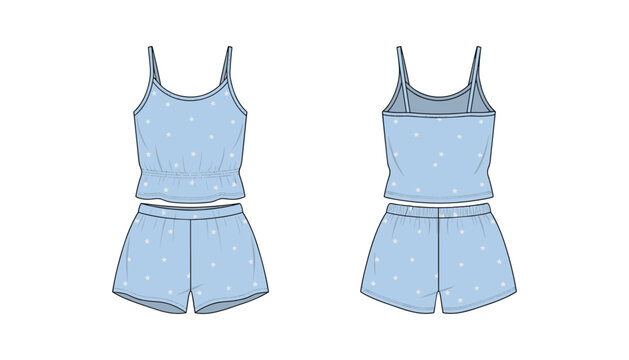 Light blue camisole top and shorts sleepwear pajama set mockup template front and back view fashion flat sketch vector illustration