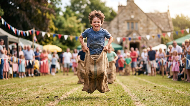 Joyful boy jumping mid-air in a sack race at a British village summer fete.