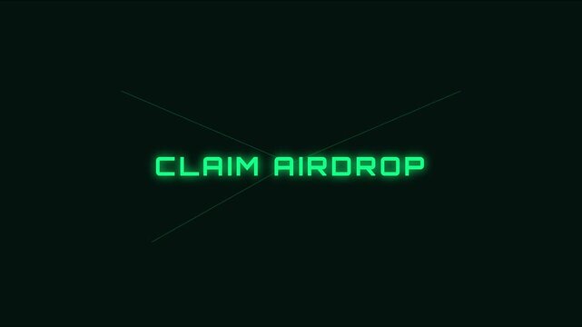 Claim airdrop digital interface animation with glowing neon green text and geometric hud for cryptocurrency and blockchain projects 4k