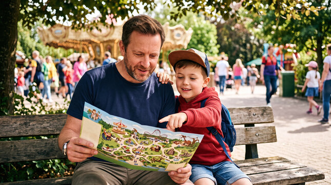 Happy father and son planning their day with a map at an amusement park.