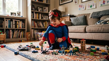 Fototapeta premium Young boy dressed as a superhero playing with toys on the floor in a living room