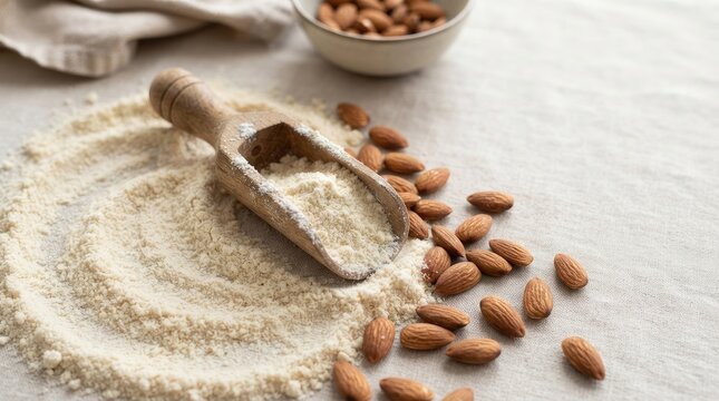 A wooden scoop spills almond flour onto a light gray linen cloth. A small bowl of whole almonds sits nearby.