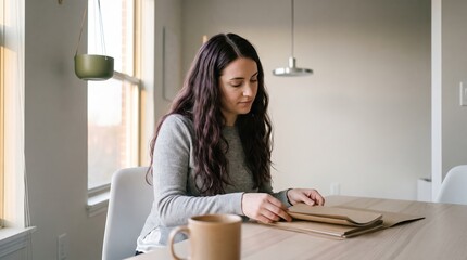 Naklejka premium Generative AI, Woman reviewing documents at a bright home table