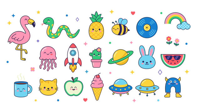 Cute cartoon sticker pack vector elements with flamingo snake pineapple bee rocket cat ice cream and ufo spaceship design