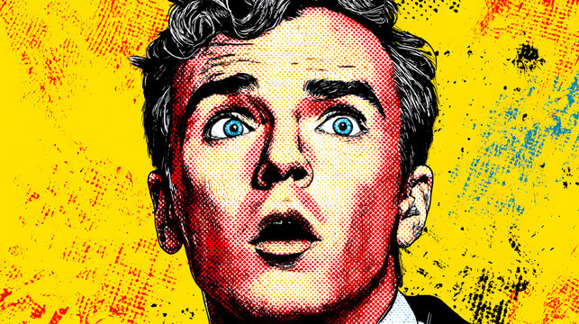 Surprised Man with Wide Eyes and Open Mouth Against Vibrant Yellow Background