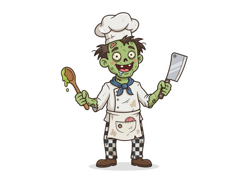 Cartoon zombie chef character holding a wooden spoon and a meat cleaver.