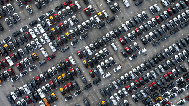 Aerial view new car lined up, Automobile automotive car parking lot commercial business industry,  Port of import export business logistic dealership, New cars global business logistic import export.